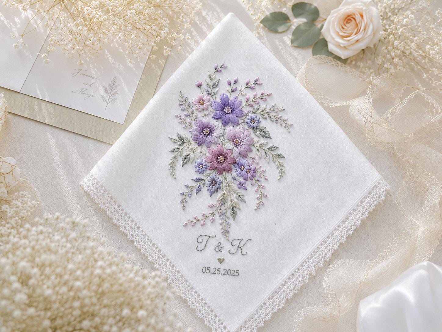 Personalized Embroidery Wedding Handkerchief – Purple Floral Linen Hankie with Custom Name and Date Keepsake Bride Gift for Wedding Day
