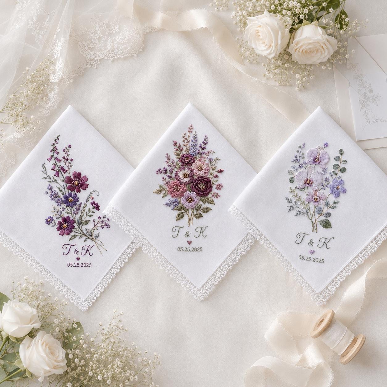Personalized Embroidery Wedding Handkerchief – Purple Floral Linen Hankie with Custom Name and Date Keepsake Bride Gift for Wedding Day - photo 2