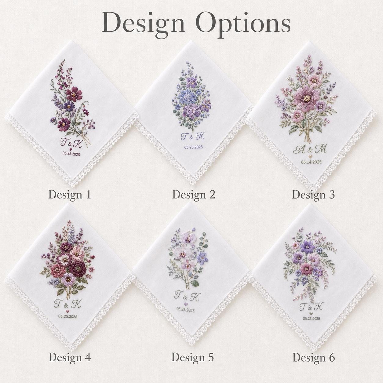 Personalized Embroidery Wedding Handkerchief – Purple Floral Linen Hankie with Custom Name and Date Keepsake Bride Gift for Wedding Day - photo 3