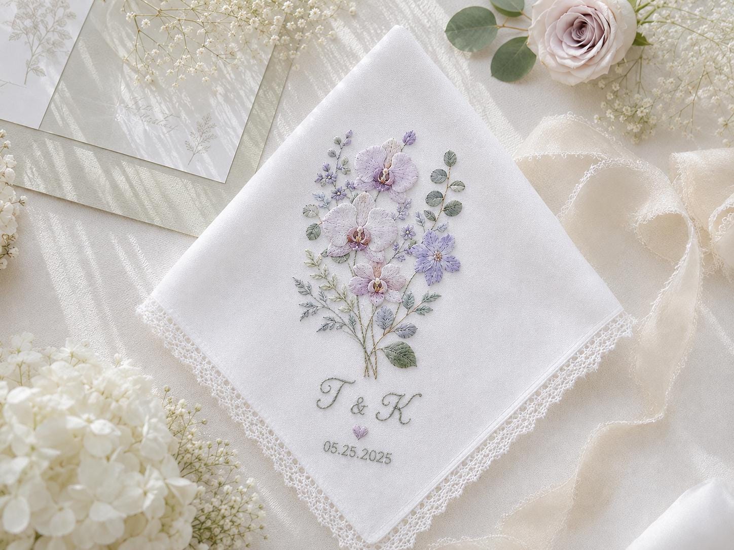 Personalized Embroidery Wedding Handkerchief – Purple Floral Linen Hankie with Custom Name and Date Keepsake Bride Gift for Wedding Day - photo 7