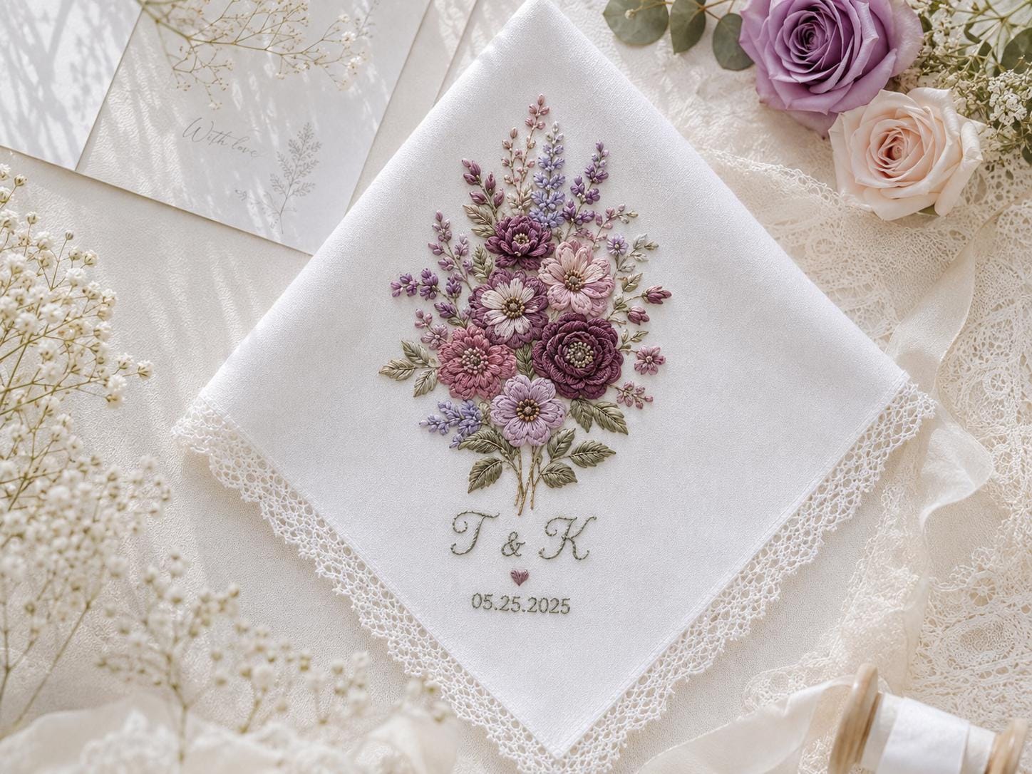 Personalized Embroidery Wedding Handkerchief – Purple Floral Linen Hankie with Custom Name and Date Keepsake Bride Gift for Wedding Day - photo 8