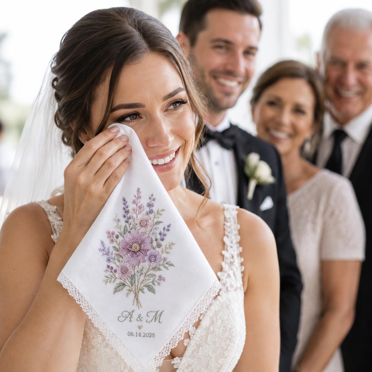 Personalized Embroidery Wedding Handkerchief – Purple Floral Linen Hankie with Custom Name and Date Keepsake Bride Gift for Wedding Day - photo 10