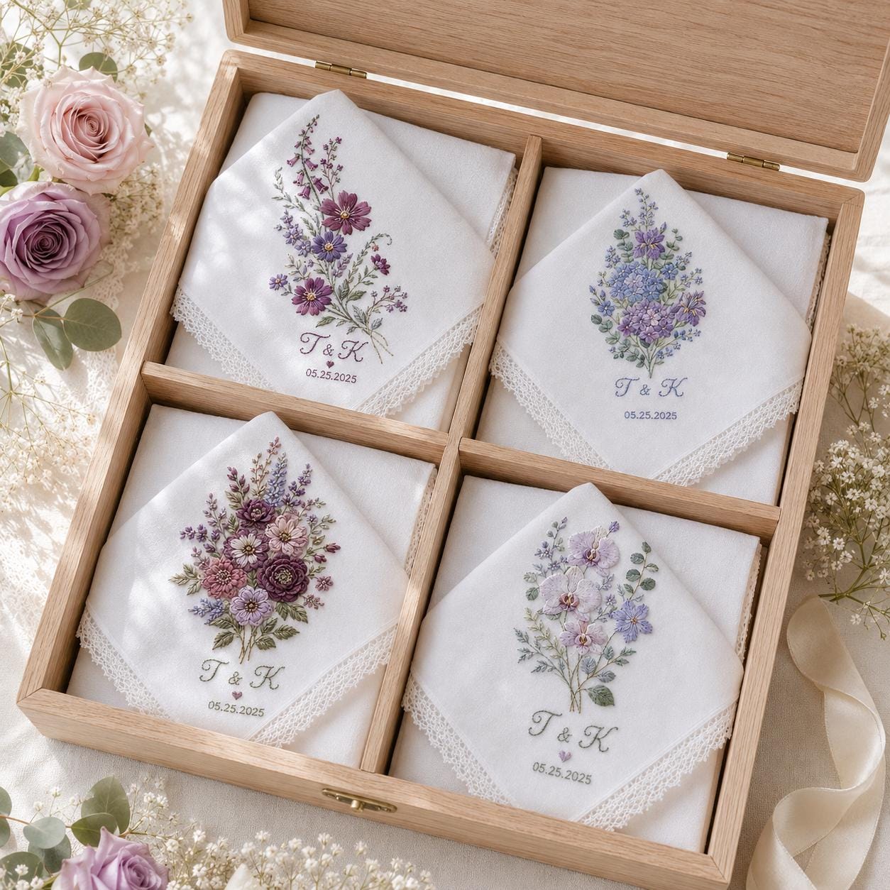 Personalized Embroidery Wedding Handkerchief – Purple Floral Linen Hankie with Custom Name and Date Keepsake Bride Gift for Wedding Day - photo 11