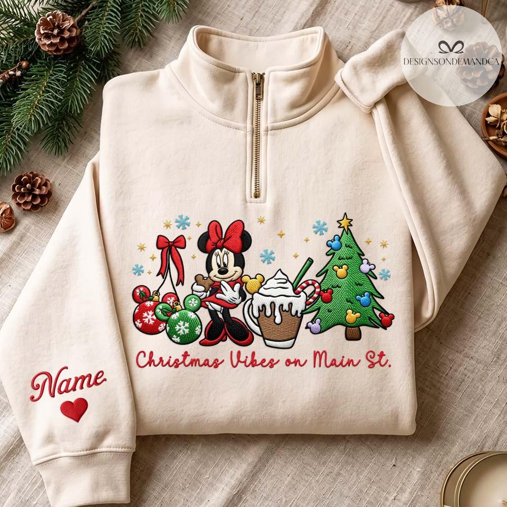 Embroidered Disney Christmas Vibes on Main Street Quarter Zip Sweatshirt – Minnie Mouse Xmas Tree Gingham Mock Neck WDW Disneyland Tee