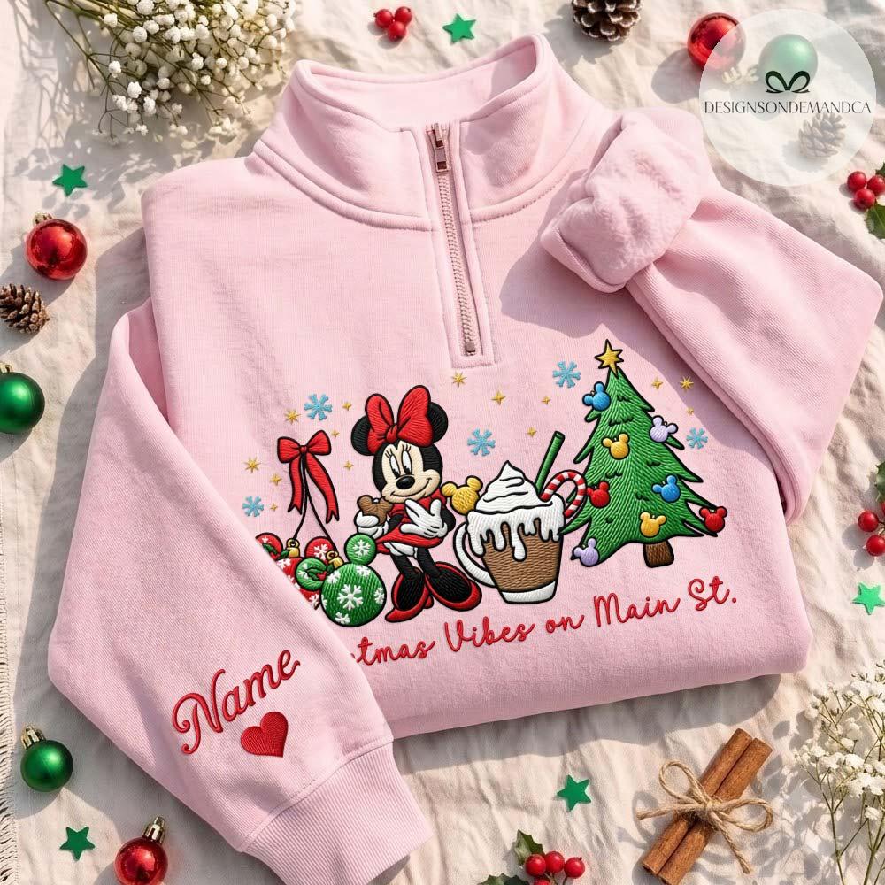 Embroidered Disney Christmas Vibes on Main Street Quarter Zip Sweatshirt – Minnie Mouse Xmas Tree Gingham Mock Neck WDW Disneyland Tee - photo 2