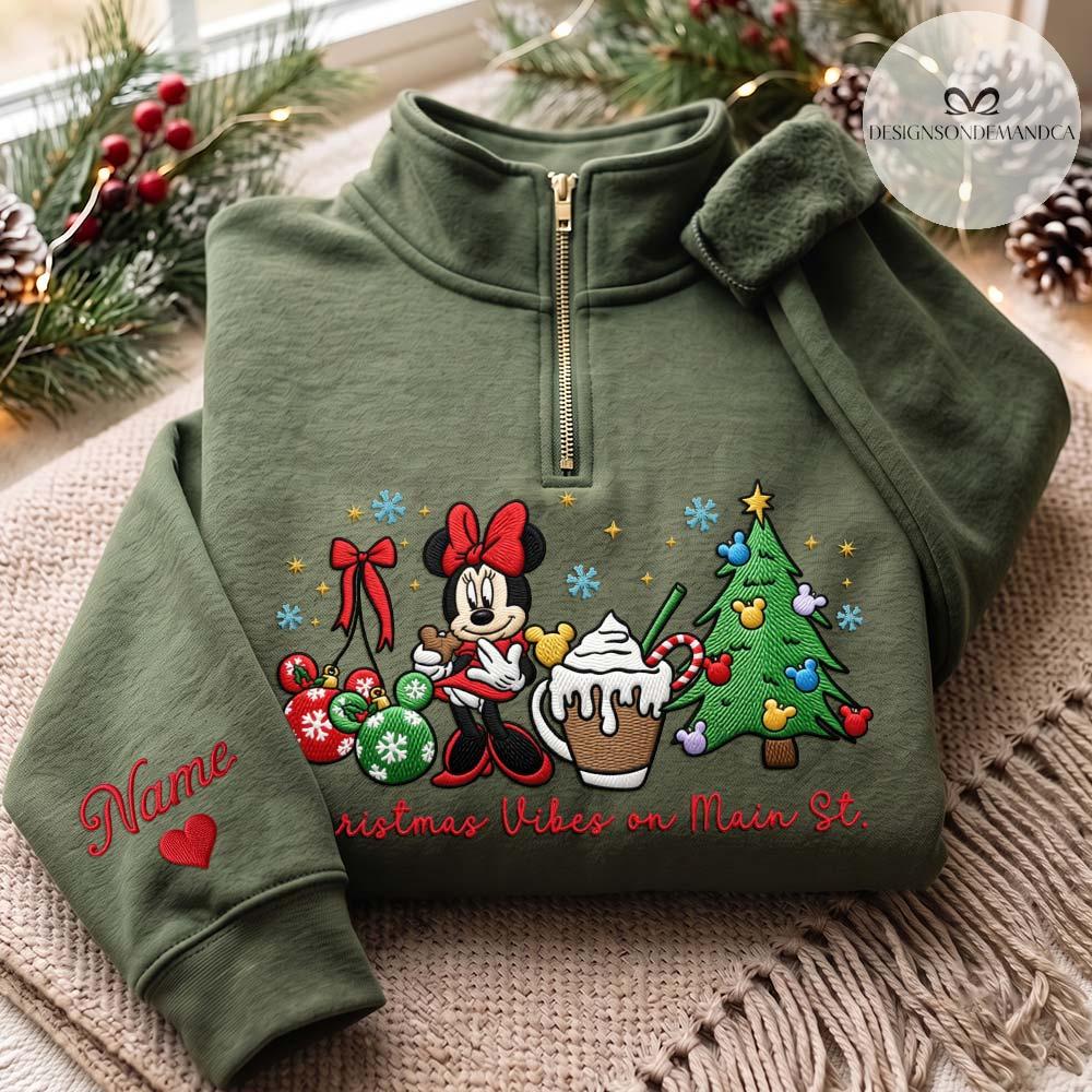 Embroidered Disney Christmas Vibes on Main Street Quarter Zip Sweatshirt – Minnie Mouse Xmas Tree Gingham Mock Neck WDW Disneyland Tee - photo 3