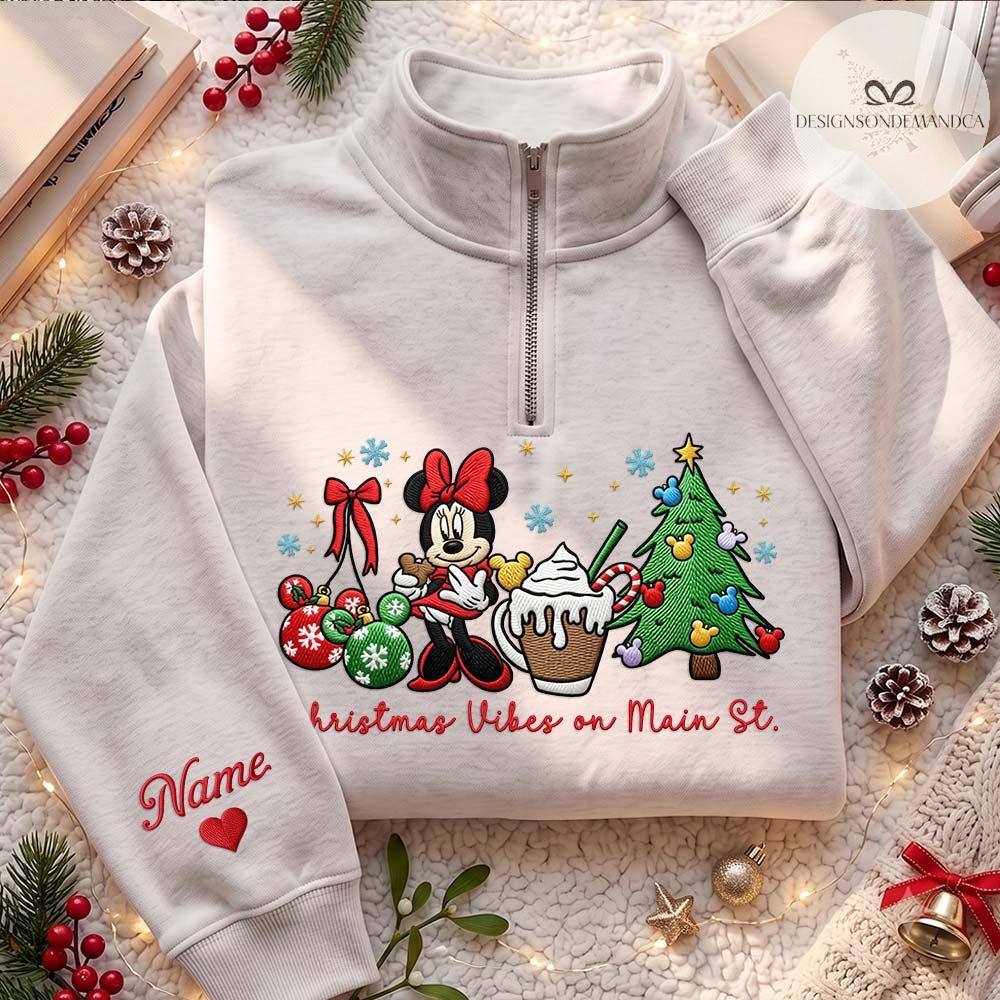Embroidered Disney Christmas Vibes on Main Street Quarter Zip Sweatshirt – Minnie Mouse Xmas Tree Gingham Mock Neck WDW Disneyland Tee - photo 4