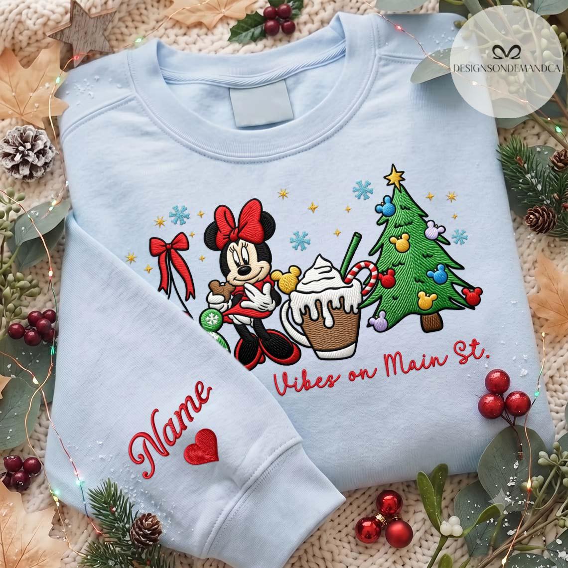 Embroidered Disney Christmas Vibes on Main Street Quarter Zip Sweatshirt – Minnie Mouse Xmas Tree Gingham Mock Neck WDW Disneyland Tee - photo 5