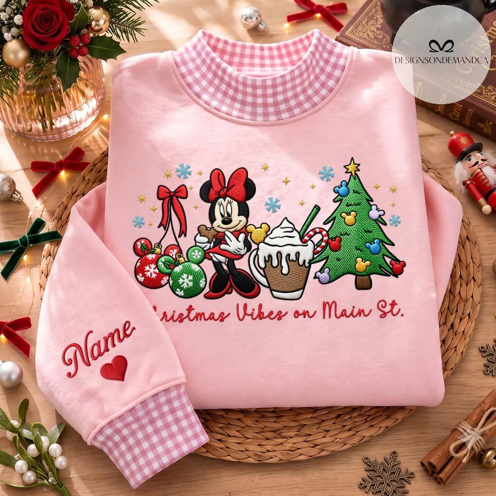 Embroidered Disney Christmas Vibes on Main Street Quarter Zip Sweatshirt – Minnie Mouse Xmas Tree Gingham Mock Neck WDW Disneyland Tee - photo 6