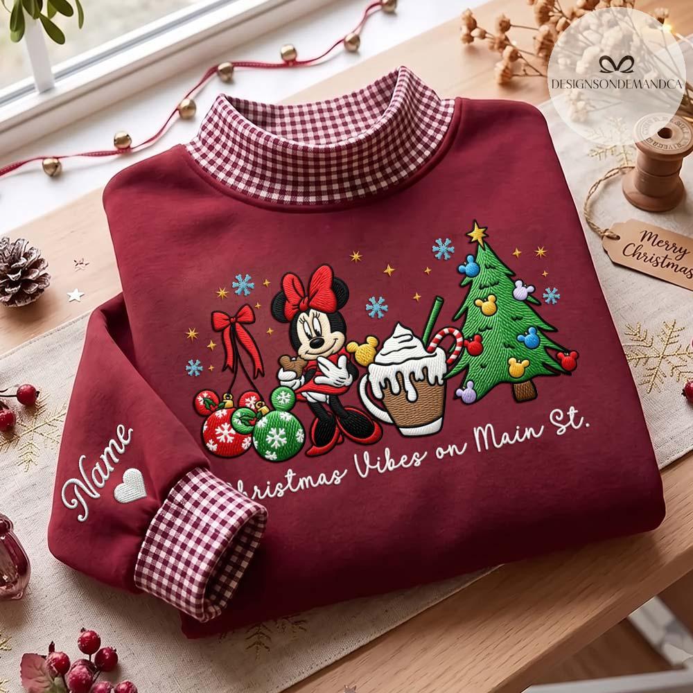 Embroidered Disney Christmas Vibes on Main Street Quarter Zip Sweatshirt – Minnie Mouse Xmas Tree Gingham Mock Neck WDW Disneyland Tee - photo 7
