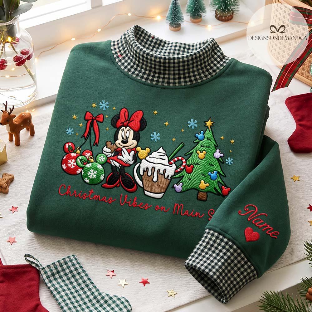 Embroidered Disney Christmas Vibes on Main Street Quarter Zip Sweatshirt – Minnie Mouse Xmas Tree Gingham Mock Neck WDW Disneyland Tee - photo 8