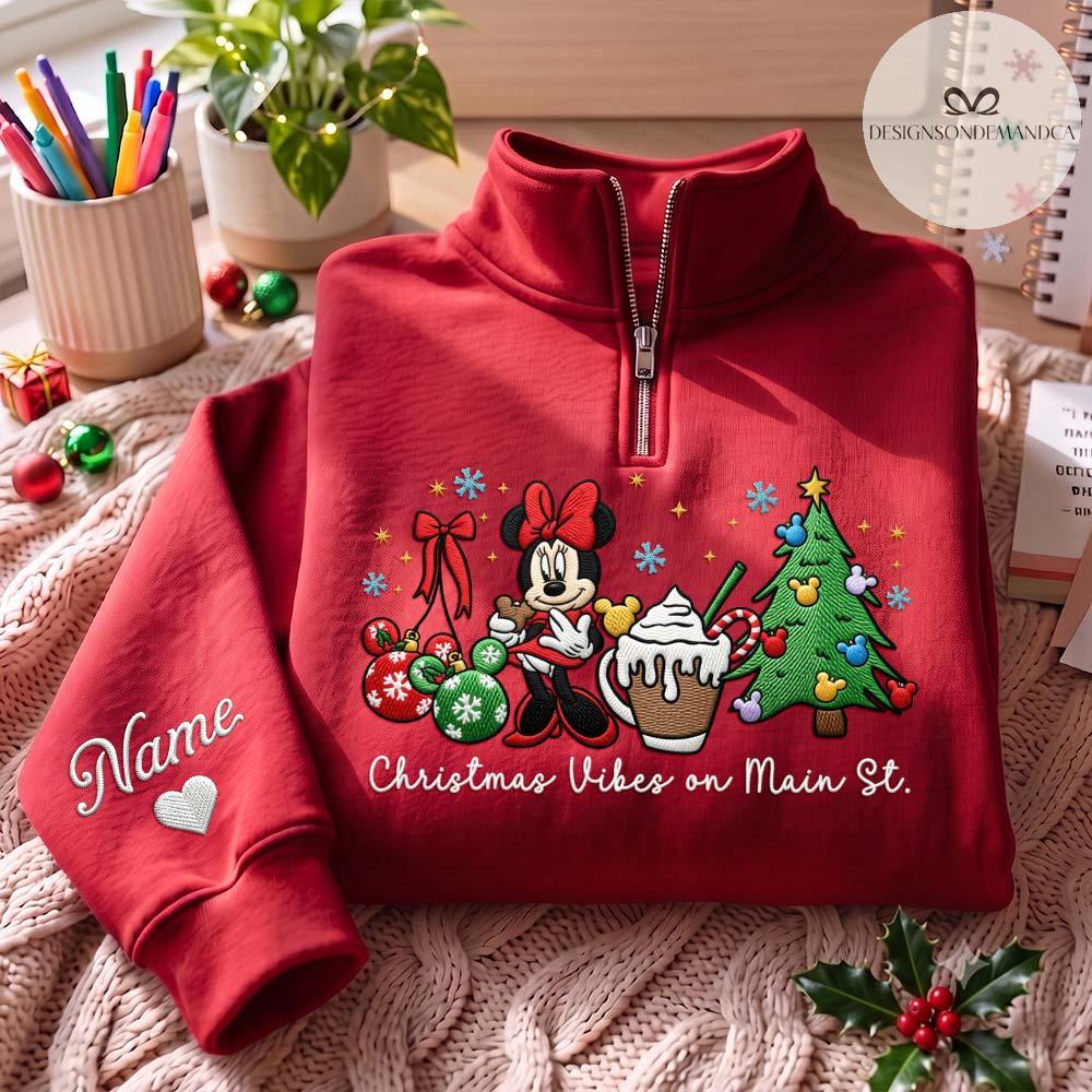 Embroidered Disney Christmas Vibes on Main Street Quarter Zip Sweatshirt – Minnie Mouse Xmas Tree Gingham Mock Neck WDW Disneyland Tee - photo 9