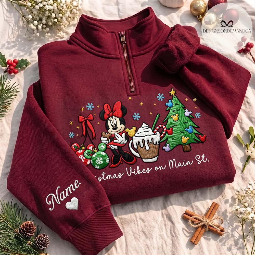Embroidered Disney Christmas Vibes on Main Street Quarter Zip Sweatshirt – Minnie Mouse Xmas Tree Gingham Mock Neck WDW Disneyland Tee - photo 16