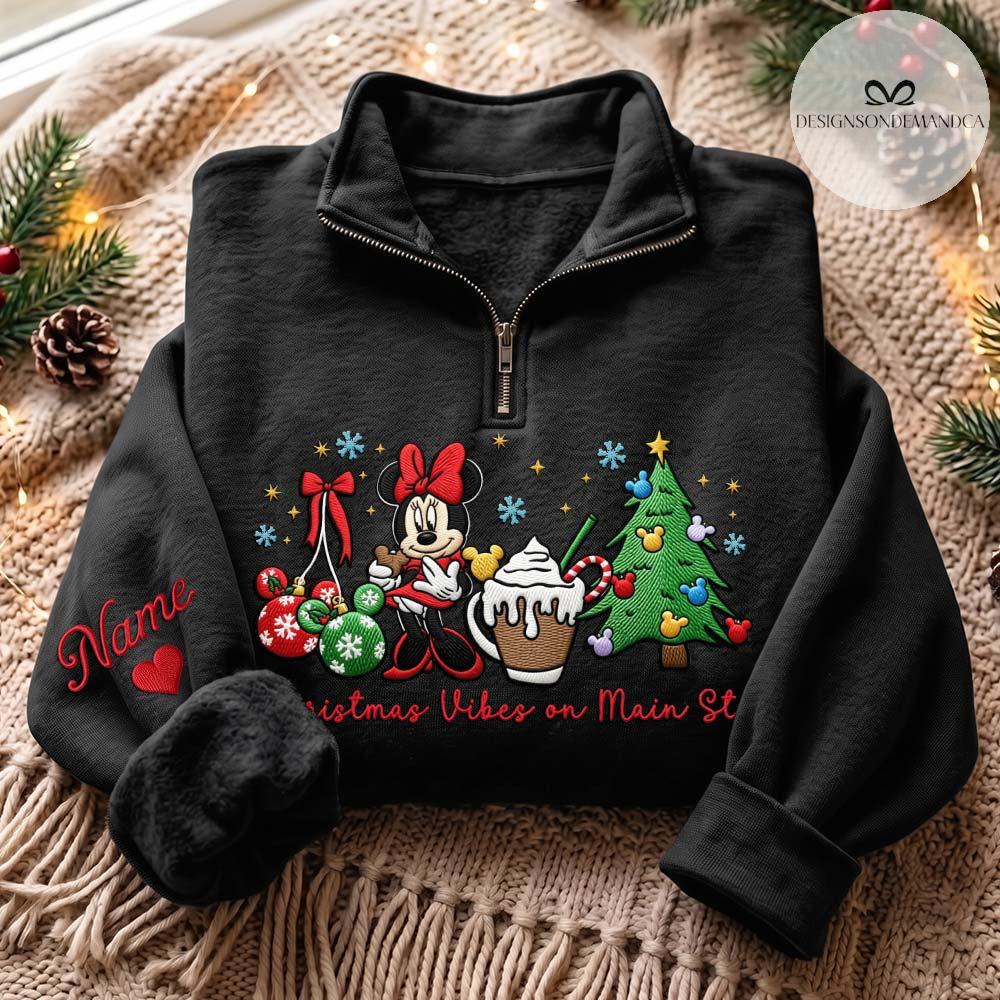 Embroidered Disney Christmas Vibes on Main Street Quarter Zip Sweatshirt – Minnie Mouse Xmas Tree Gingham Mock Neck WDW Disneyland Tee - photo 17