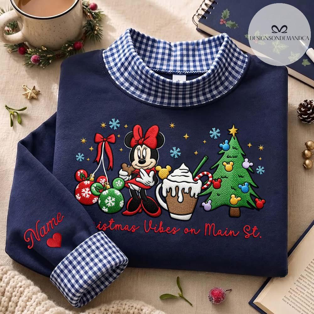 Embroidered Disney Christmas Vibes on Main Street Quarter Zip Sweatshirt – Minnie Mouse Xmas Tree Gingham Mock Neck WDW Disneyland Tee - photo 18