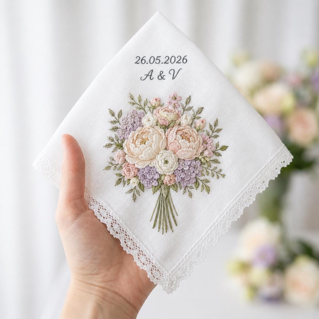 Personalized Embroidery Wedding Handkerchief – Floral Bouquet Linen Hankie with Custom Name and Date Keepsake Bride Gift for Wedding Day