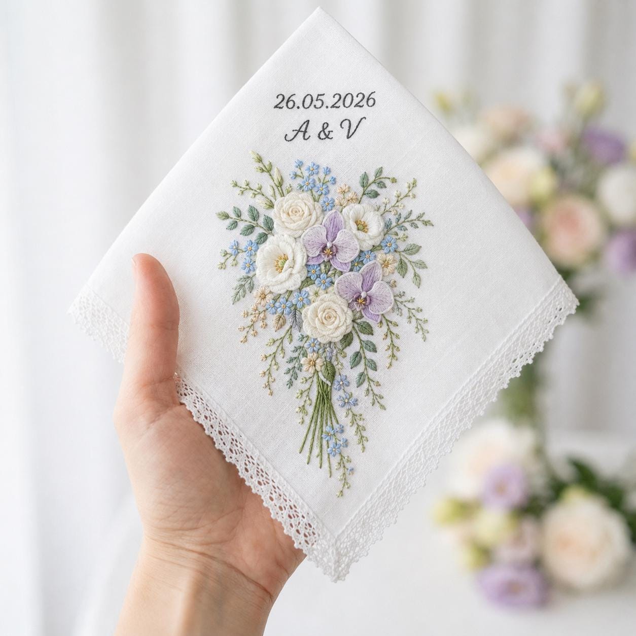 Personalized Embroidery Wedding Handkerchief – Floral Bouquet Linen Hankie with Custom Name and Date Keepsake Bride Gift for Wedding Day - photo 2
