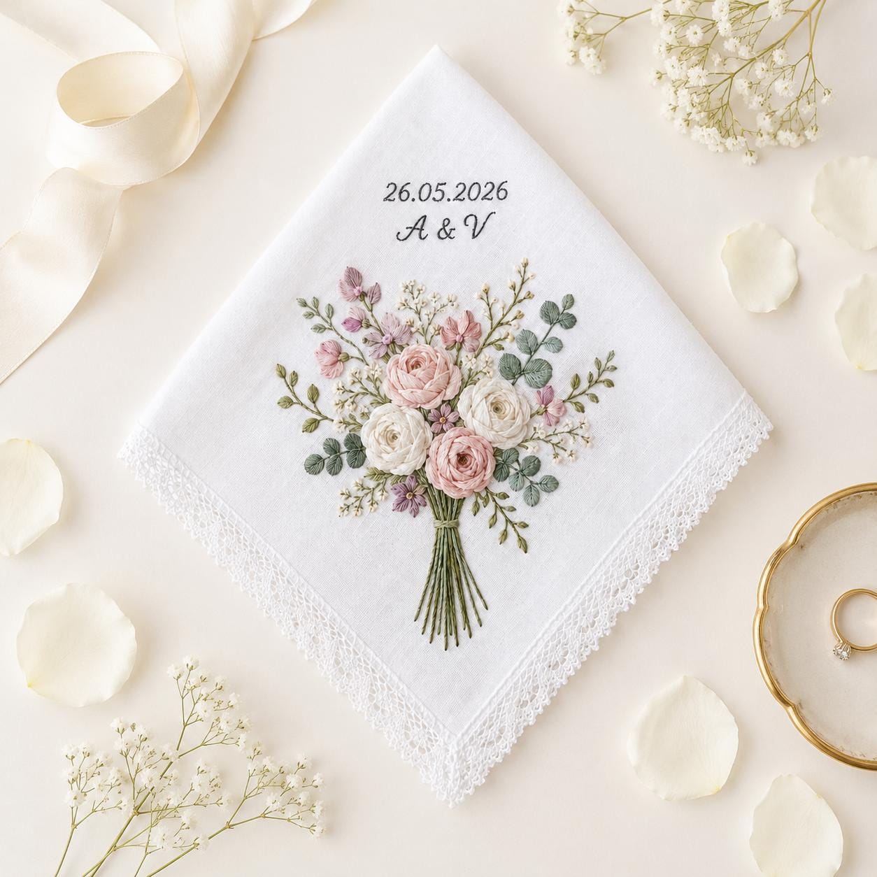 Personalized Embroidery Wedding Handkerchief – Floral Bouquet Linen Hankie with Custom Name and Date Keepsake Bride Gift for Wedding Day - photo 8