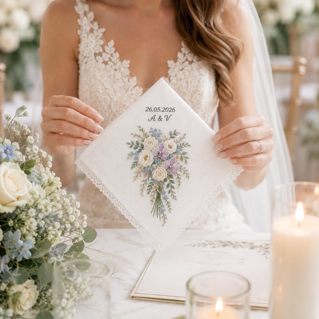 Personalized Embroidery Wedding Handkerchief – Floral Bouquet Linen Hankie with Custom Name and Date Keepsake Bride Gift for Wedding Day - photo 9