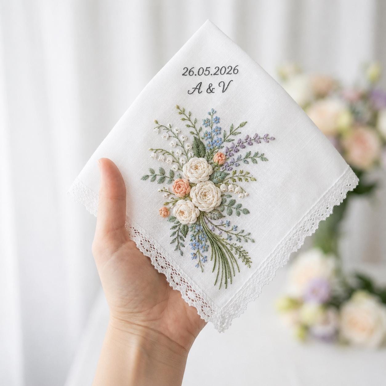 Personalized Embroidery Wedding Handkerchief – Floral Bouquet Linen Hankie with Custom Name and Date Keepsake Bride Gift for Wedding Day - photo 10