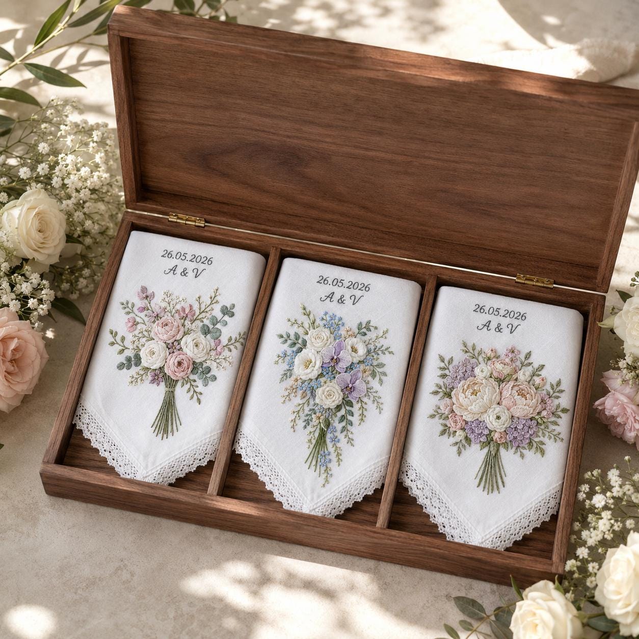 Personalized Embroidery Wedding Handkerchief – Floral Bouquet Linen Hankie with Custom Name and Date Keepsake Bride Gift for Wedding Day - photo 11