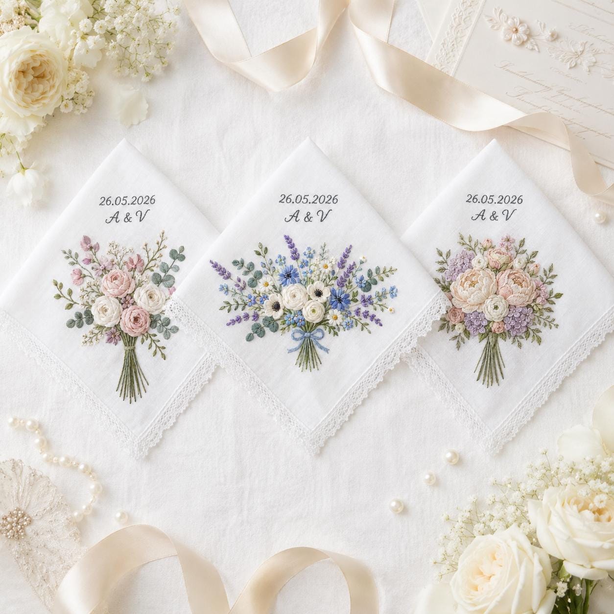 Personalized Embroidery Wedding Handkerchief – Floral Bouquet Linen Hankie with Custom Name and Date Keepsake Bride Gift for Wedding Day - photo 13