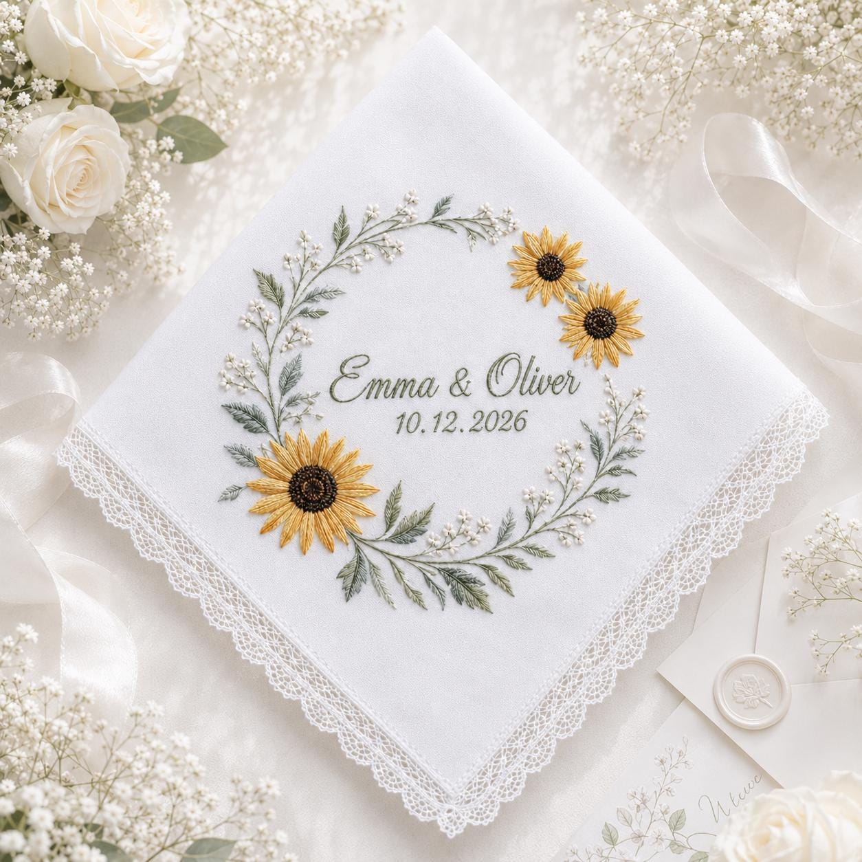 Personalized Embroidery Wedding Handkerchief – Sunflower Linen Hankie with Custom Name and Date Keepsake Bride Gift for Wedding Ceremony