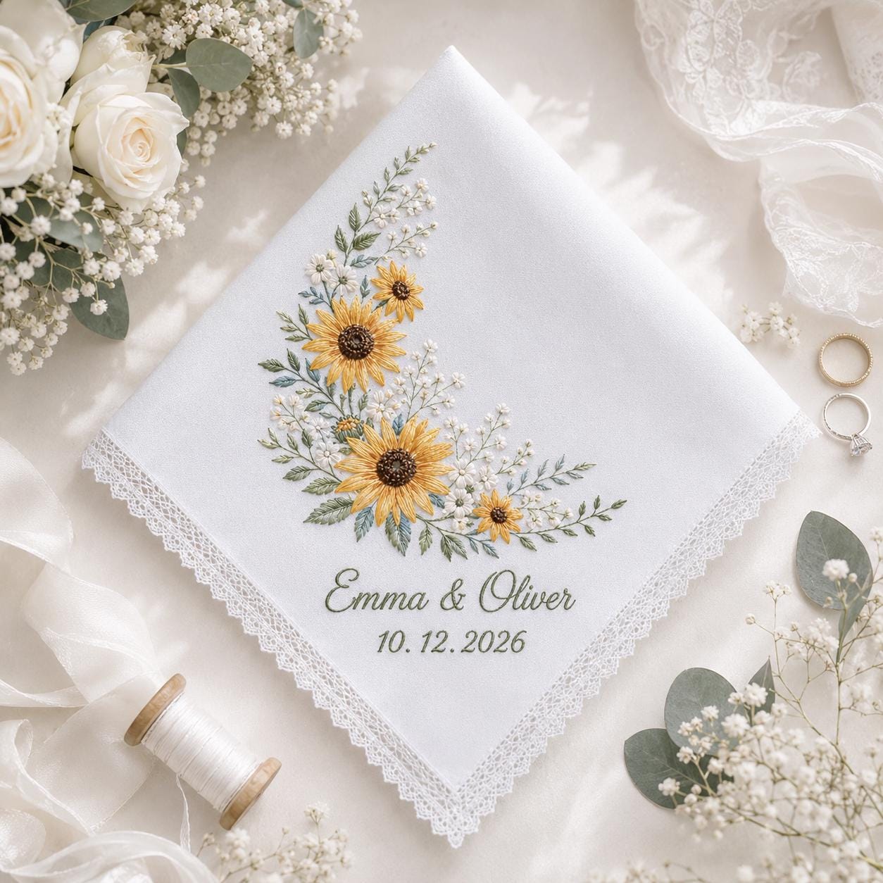 Personalized Embroidery Wedding Handkerchief – Sunflower Linen Hankie with Custom Name and Date Keepsake Bride Gift for Wedding Ceremony - photo 2