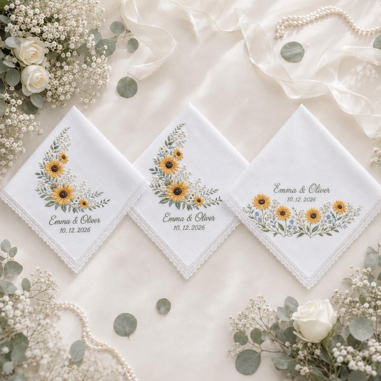 Personalized Embroidery Wedding Handkerchief – Sunflower Linen Hankie with Custom Name and Date Keepsake Bride Gift for Wedding Ceremony - photo 3