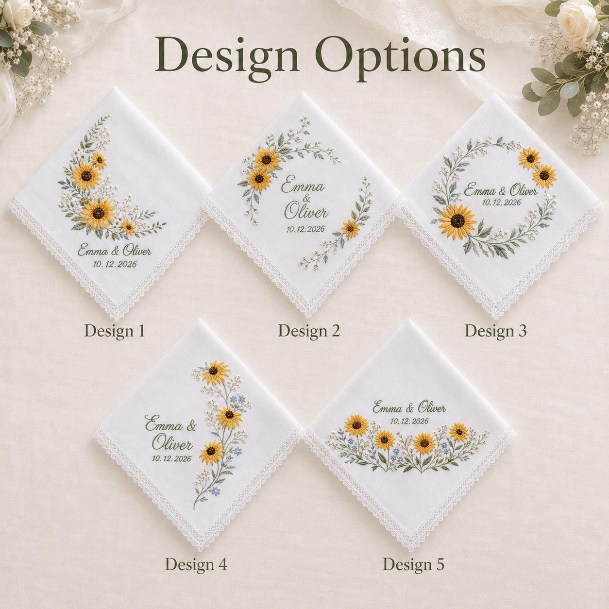 Personalized Embroidery Wedding Handkerchief – Sunflower Linen Hankie with Custom Name and Date Keepsake Bride Gift for Wedding Ceremony - photo 4