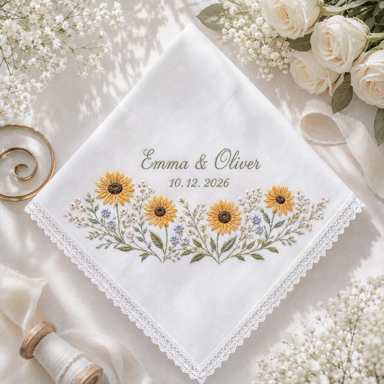 Personalized Embroidery Wedding Handkerchief – Sunflower Linen Hankie with Custom Name and Date Keepsake Bride Gift for Wedding Ceremony - photo 8