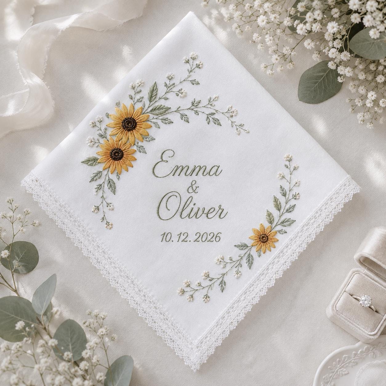Personalized Embroidery Wedding Handkerchief – Sunflower Linen Hankie with Custom Name and Date Keepsake Bride Gift for Wedding Ceremony - photo 9