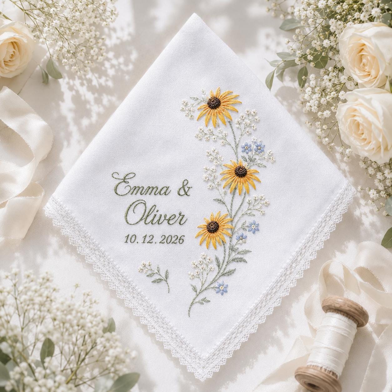 Personalized Embroidery Wedding Handkerchief – Sunflower Linen Hankie with Custom Name and Date Keepsake Bride Gift for Wedding Ceremony - photo 10