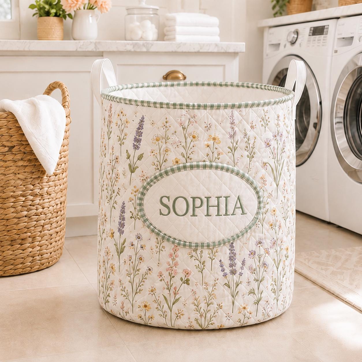 Personalized Laundry Basket – Quilt Style Floral Hamper with Name and Wildflower Storage Bin for Custom Cottagecore Home Decor