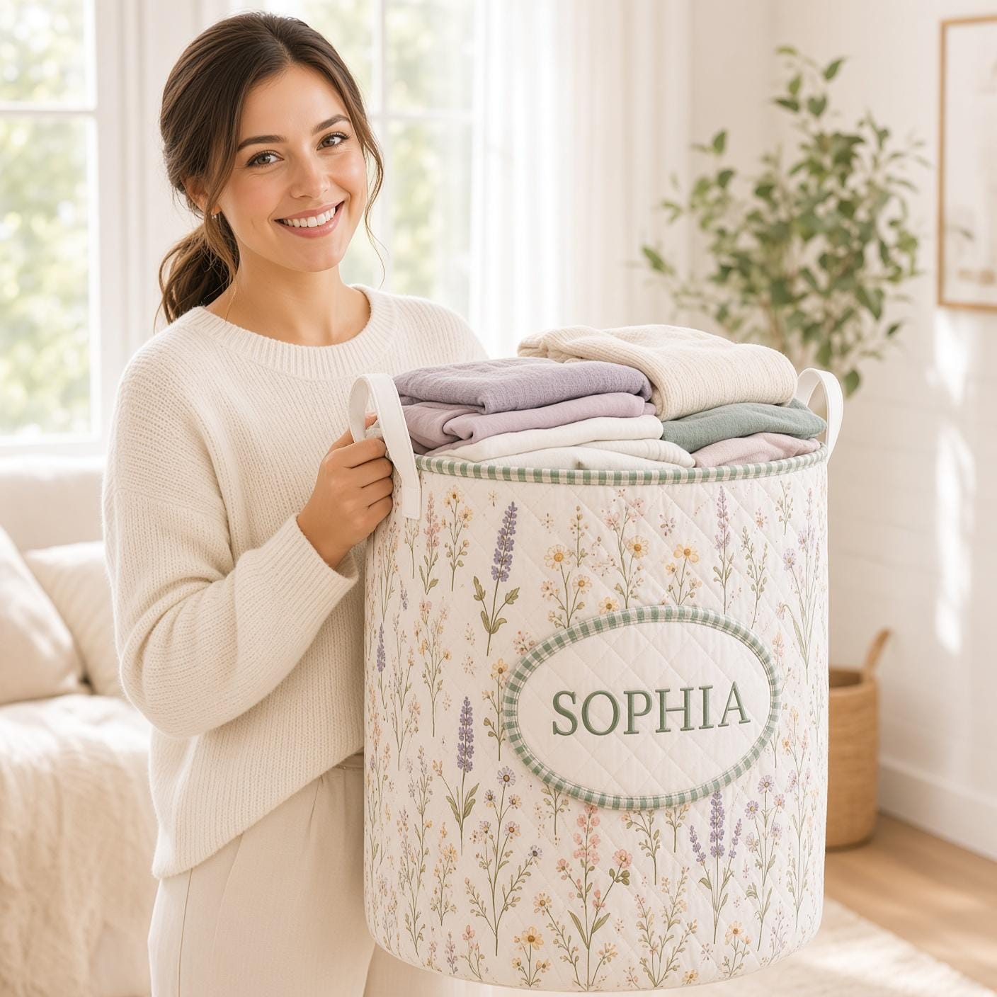 Personalized Laundry Basket – Quilt Style Floral Hamper with Name and Wildflower Storage Bin for Custom Cottagecore Home Decor - photo 2
