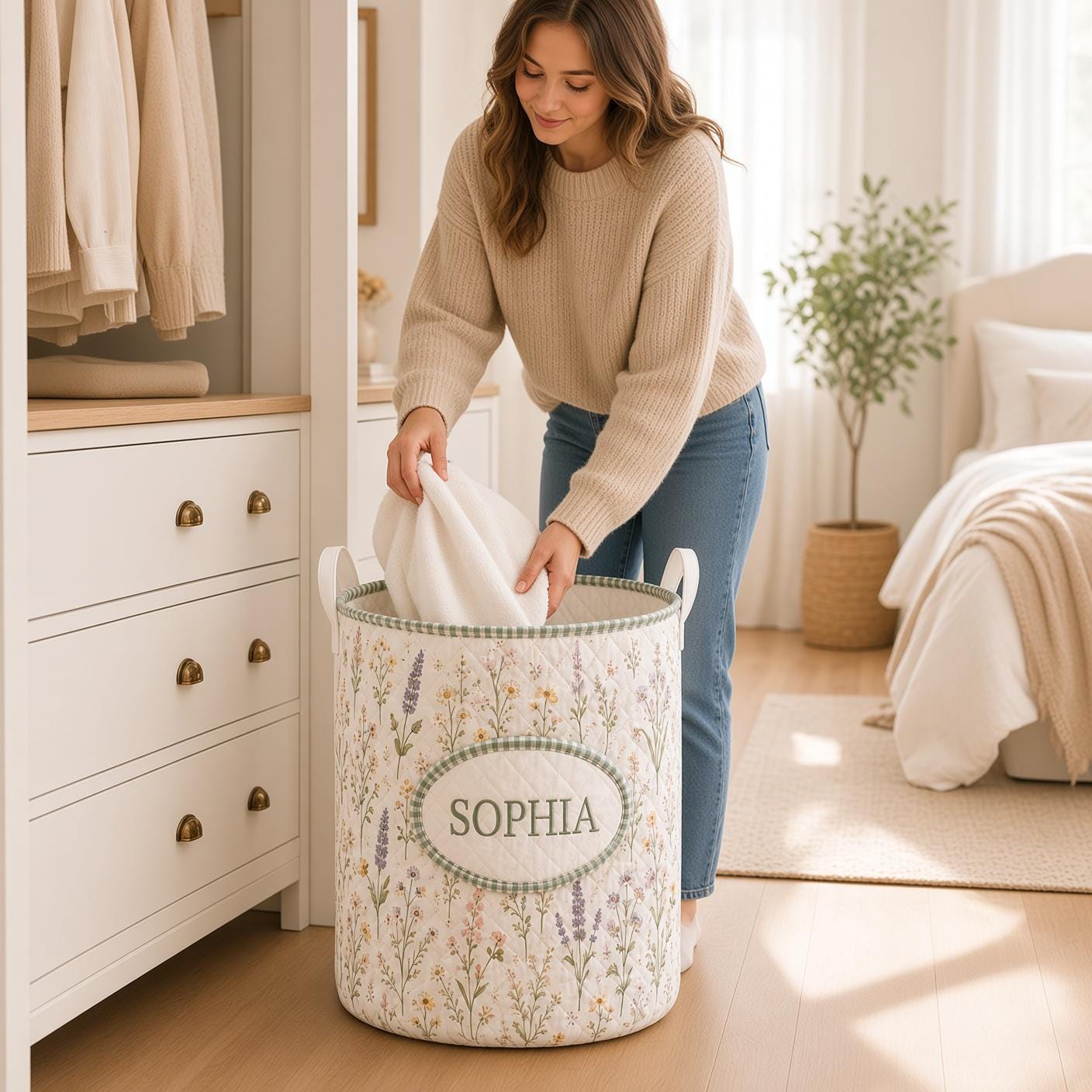 Personalized Laundry Basket – Quilt Style Floral Hamper with Name and Wildflower Storage Bin for Custom Cottagecore Home Decor - photo 4