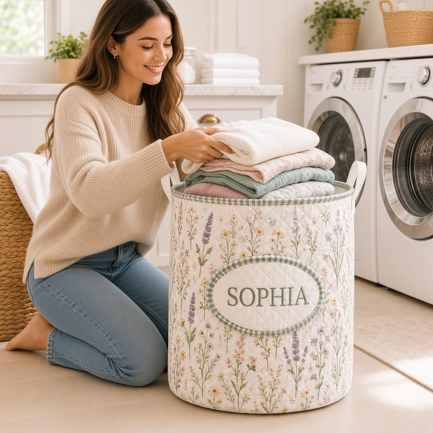 Personalized Laundry Basket – Quilt Style Floral Hamper with Name and Wildflower Storage Bin for Custom Cottagecore Home Decor - photo 5