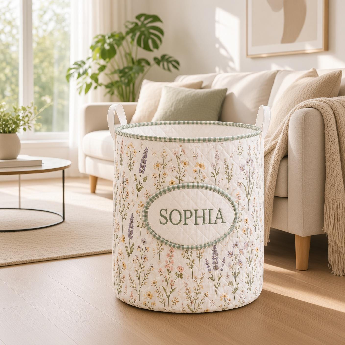 Personalized Laundry Basket – Quilt Style Floral Hamper with Name and Wildflower Storage Bin for Custom Cottagecore Home Decor - photo 6