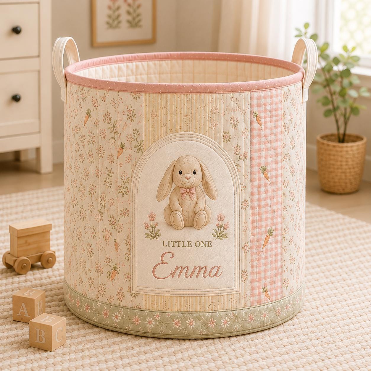 Personalized Bunny Laundry Basket – Quilt Style Nursery Hamper with Name and Rabbit Storage Bin for Baby Organizer and Custom Baby Gift