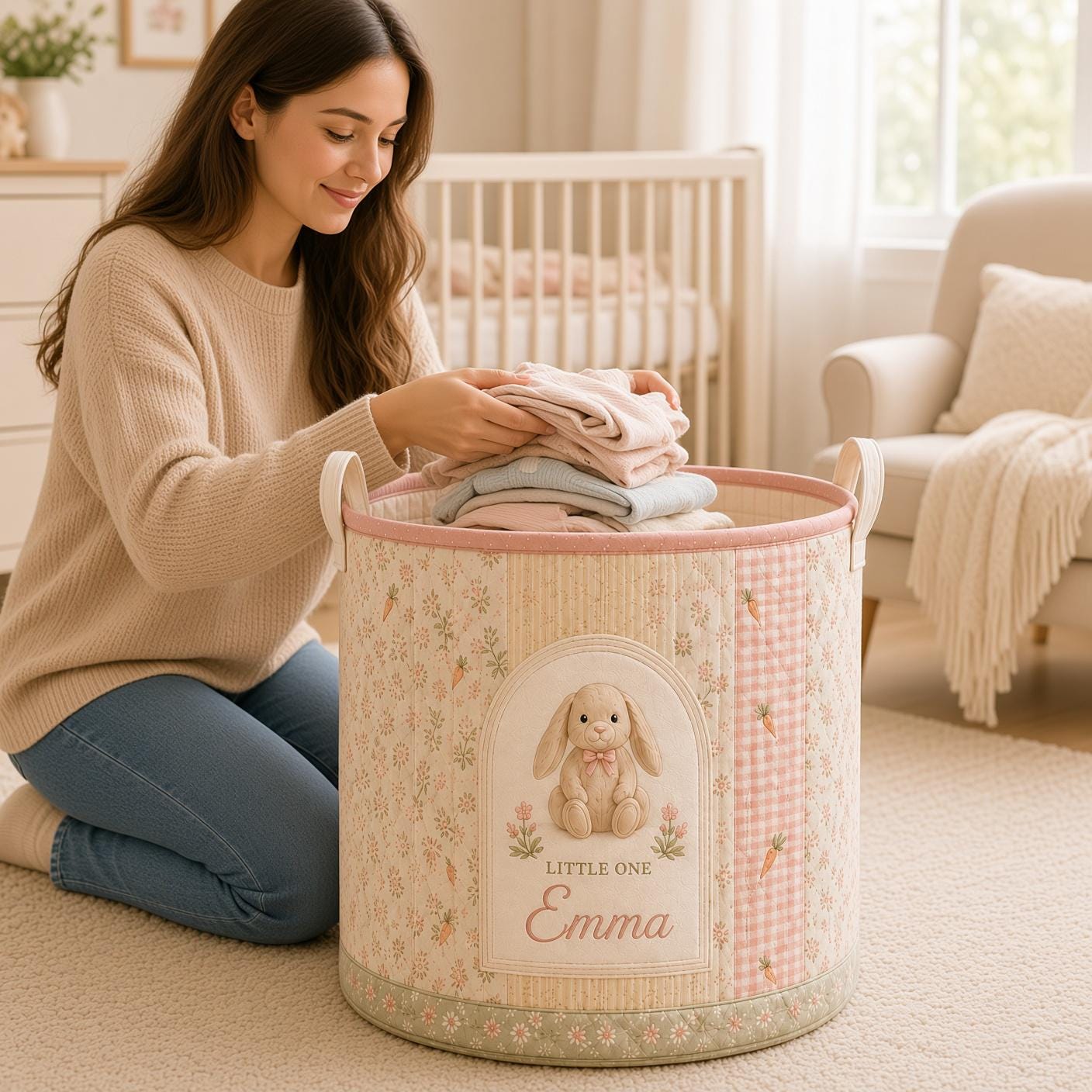 Personalized Bunny Laundry Basket – Quilt Style Nursery Hamper with Name and Rabbit Storage Bin for Baby Organizer and Custom Baby Gift - photo 2