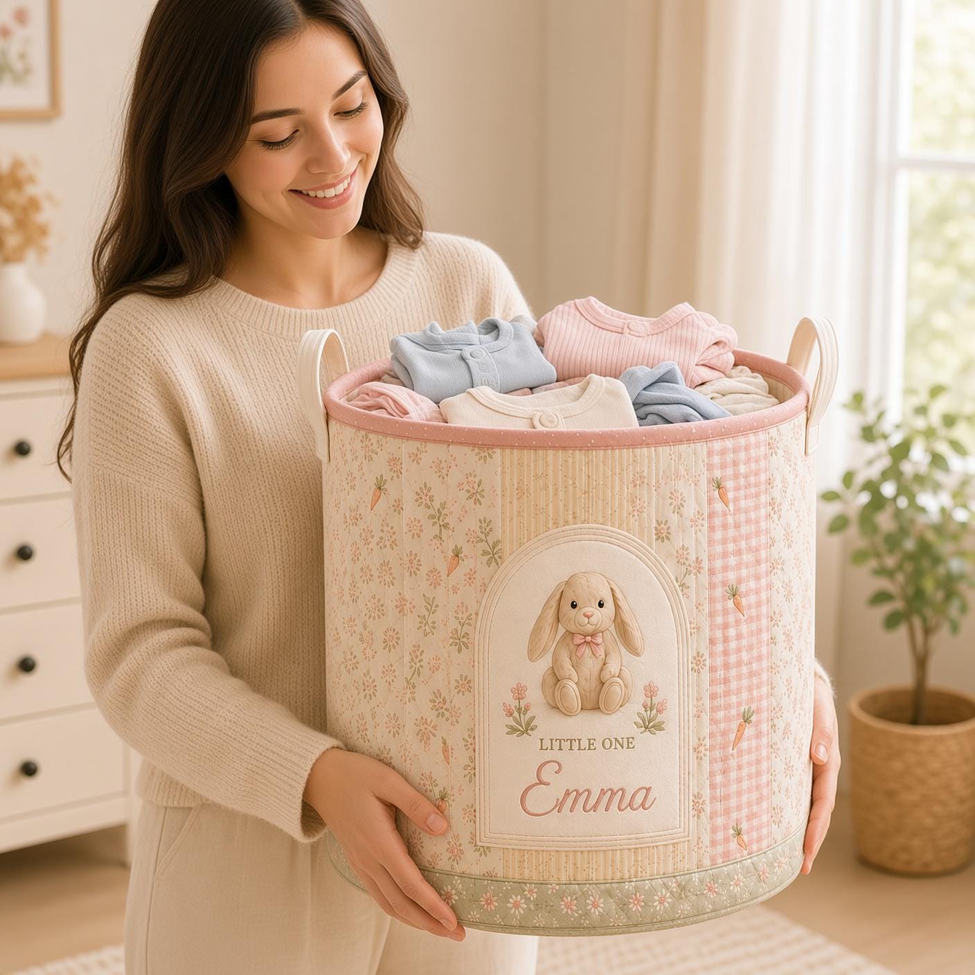 Personalized Bunny Laundry Basket – Quilt Style Nursery Hamper with Name and Rabbit Storage Bin for Baby Organizer and Custom Baby Gift - photo 4