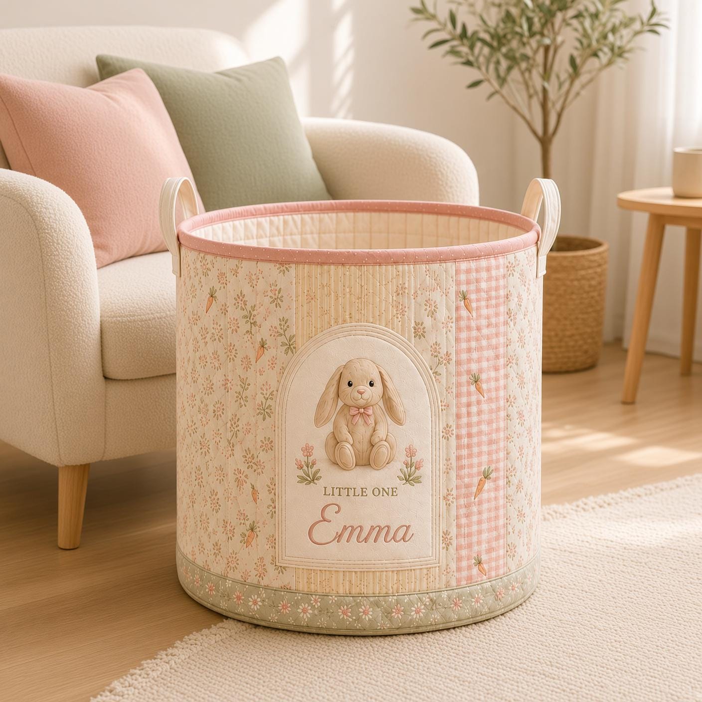 Personalized Bunny Laundry Basket – Quilt Style Nursery Hamper with Name and Rabbit Storage Bin for Baby Organizer and Custom Baby Gift - photo 5