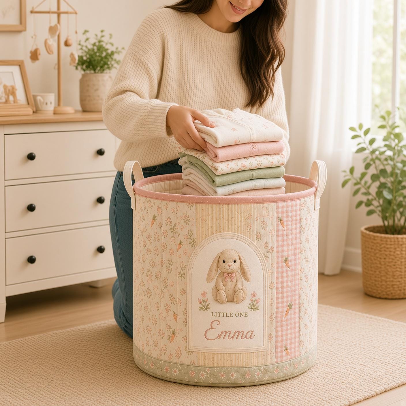 Personalized Bunny Laundry Basket – Quilt Style Nursery Hamper with Name and Rabbit Storage Bin for Baby Organizer and Custom Baby Gift - photo 6
