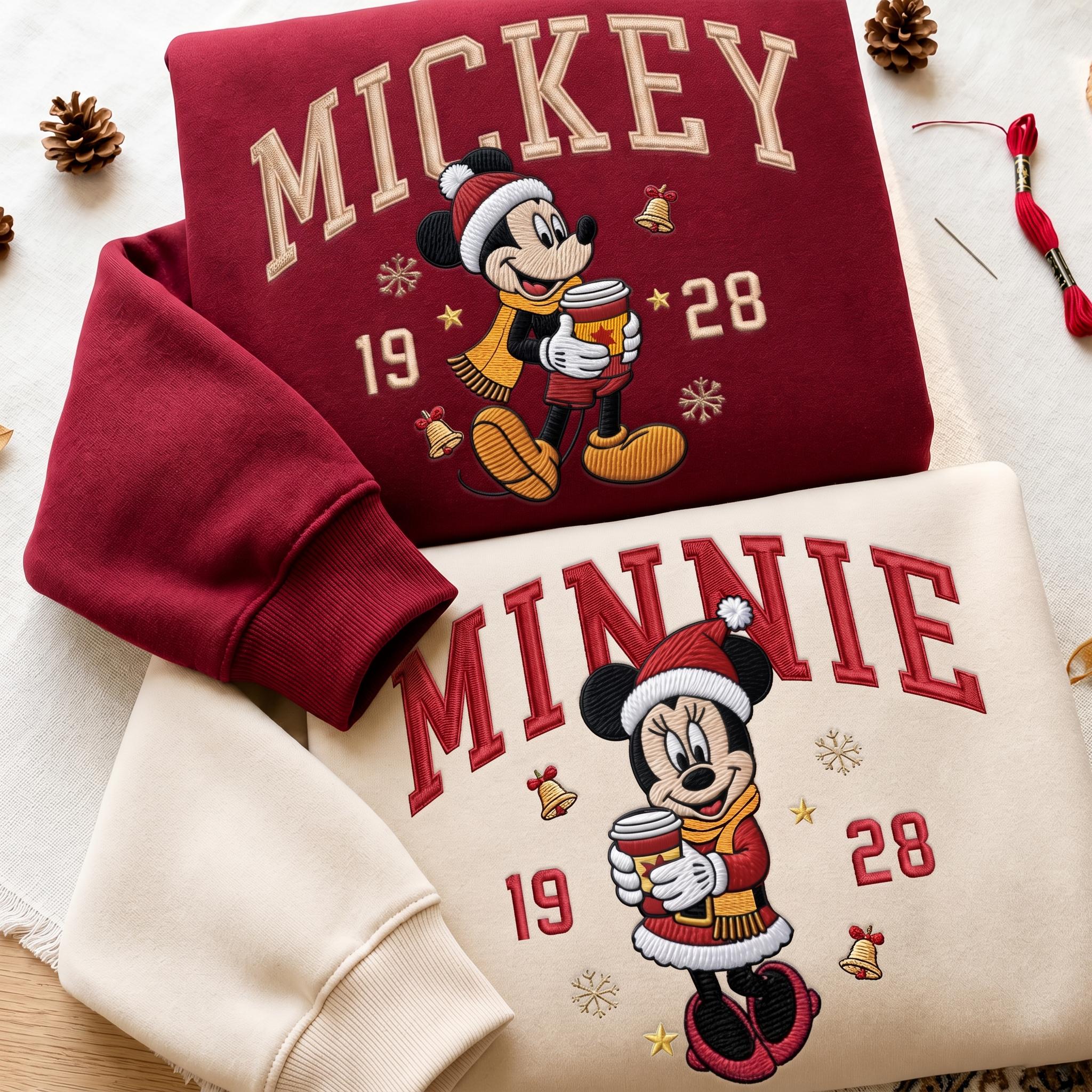 Embroidered Mickey and Minnie Christmas Sweatshirt with Matching Disney Couple Hoodie – His and Hers Holiday Secret Santa Quarter Zip