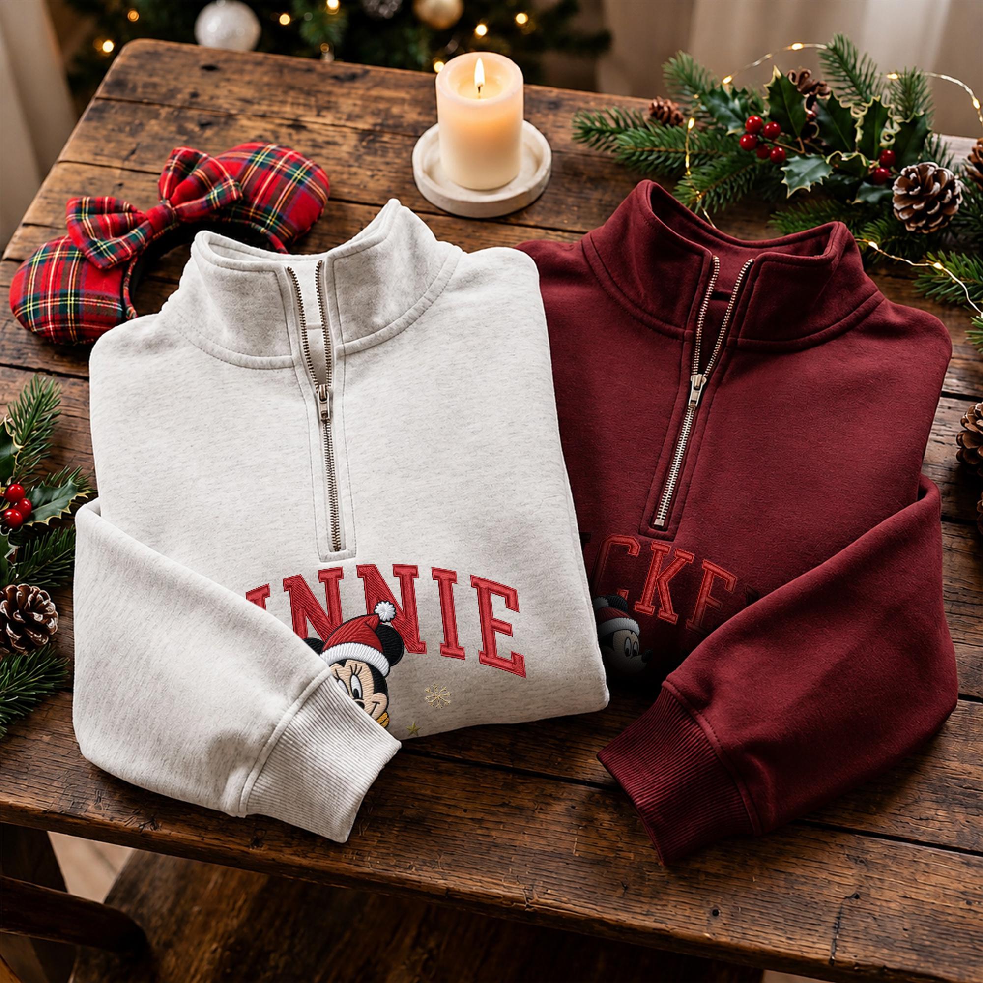 Embroidered Mickey and Minnie Christmas Sweatshirt with Matching Disney Couple Hoodie – His and Hers Holiday Secret Santa Quarter Zip - photo 11