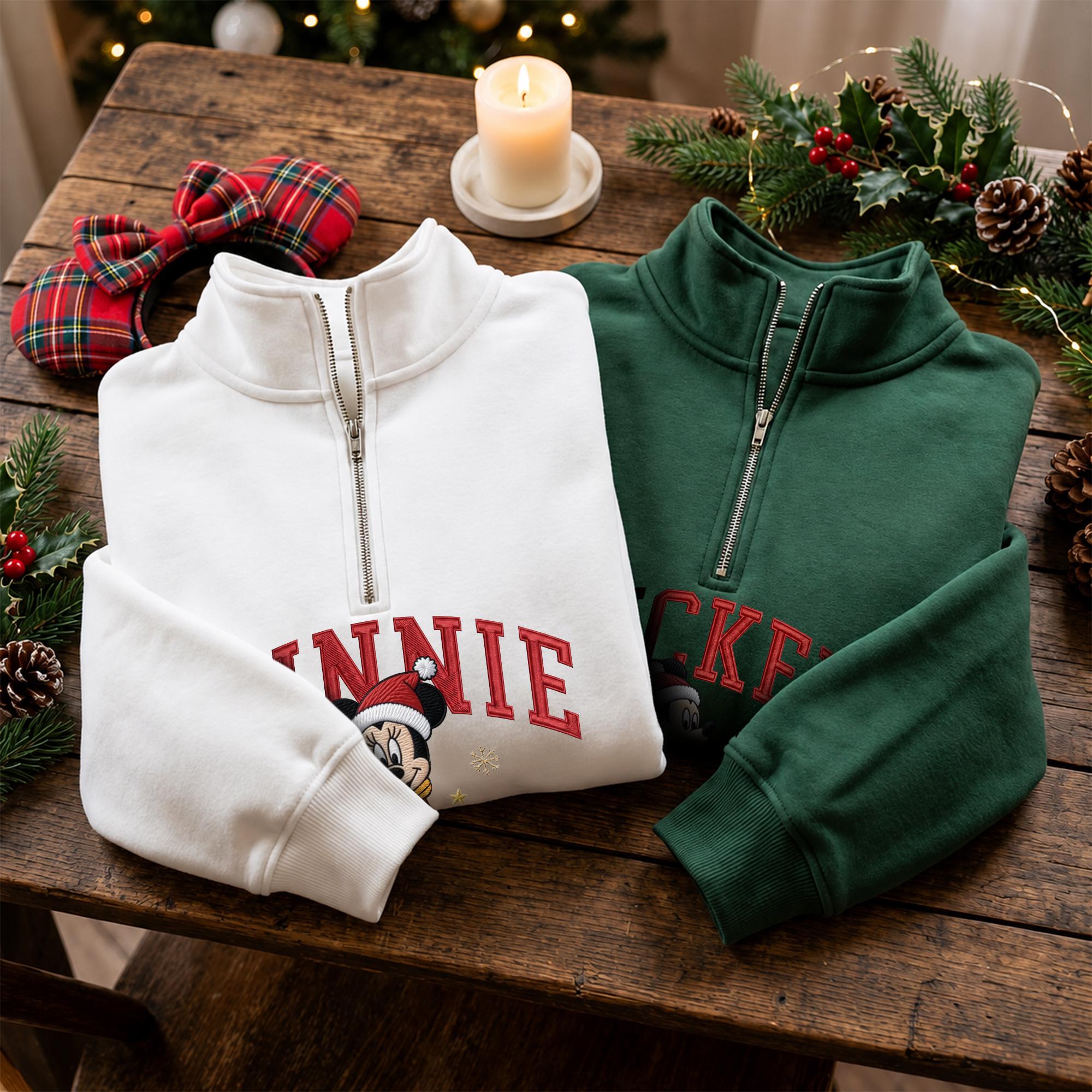 Embroidered Mickey and Minnie Christmas Sweatshirt with Matching Disney Couple Hoodie – His and Hers Holiday Secret Santa Quarter Zip - photo 12