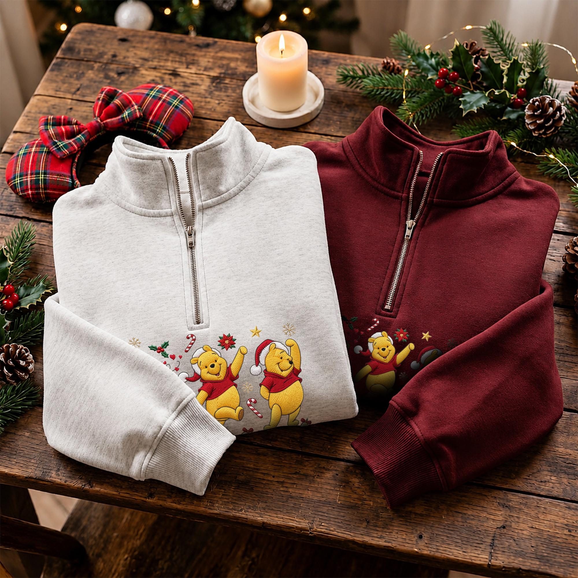 Embroidered Winnie the Pooh Christmas Sweatshirt with Matching Disney Couple Hoodie – Pooh Bear Family Holiday Secret Santa Quarter Zip - photo 9
