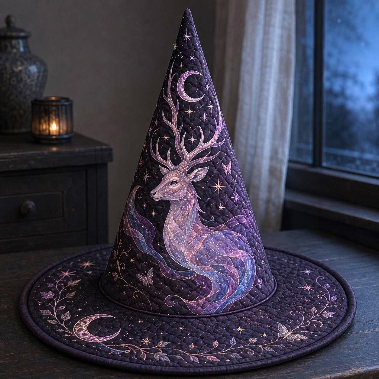 Mystical Quilted Woodland Stag Witch Hat – Gothic Celestial Deer And Moon Halloween Home Decoration, Fall Witchy Centerpiece Decor