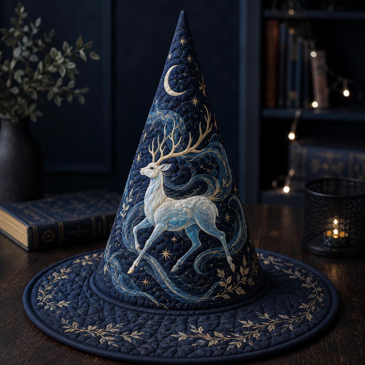 Mystical Quilted Woodland Stag Witch Hat – Gothic Celestial Deer And Moon Halloween Home Decoration, Fall Witchy Centerpiece Decor - photo 2