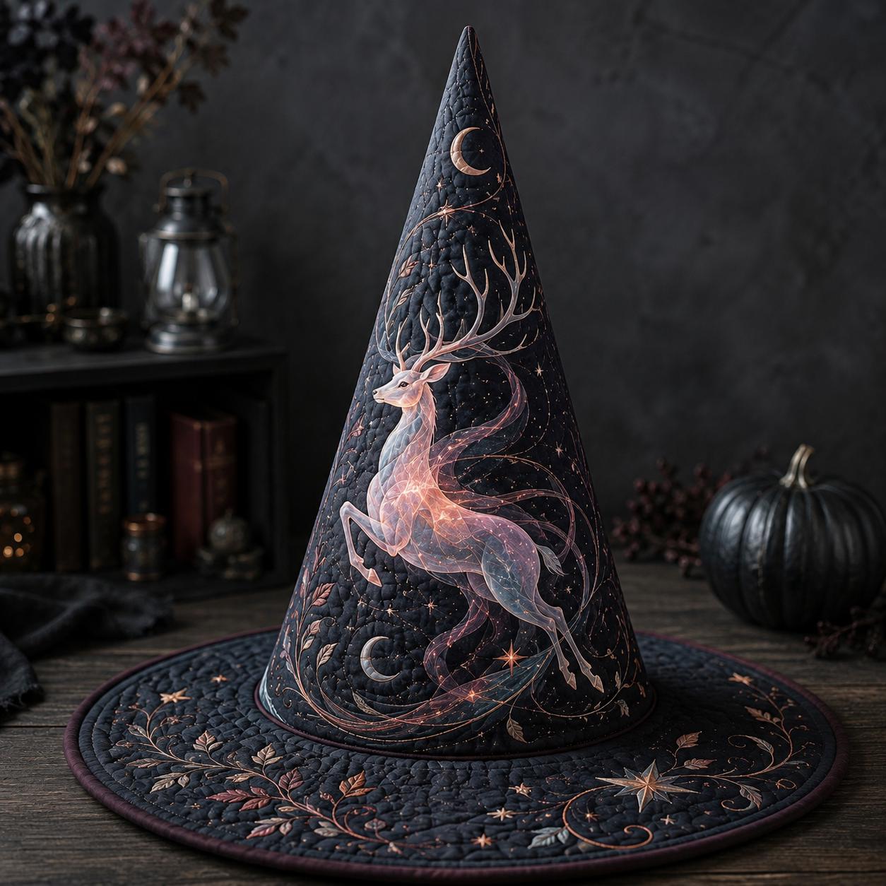 Mystical Quilted Woodland Stag Witch Hat – Gothic Celestial Deer And Moon Halloween Home Decoration, Fall Witchy Centerpiece Decor - photo 5
